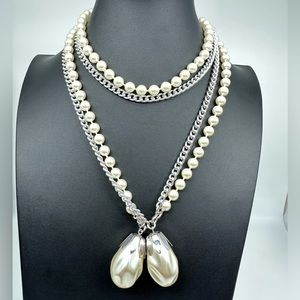 Signed Vintage SARAH COVENTRY Long Double Pearl Silver Necklace Earring Set
